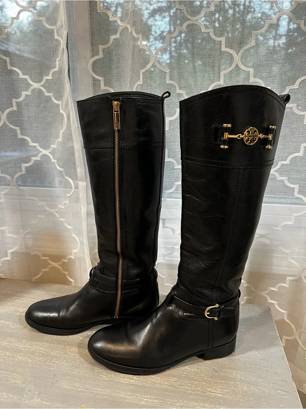 Tory Burch Nadine Black Leather Knee High Riding Boots Gold Logo Medallion 8